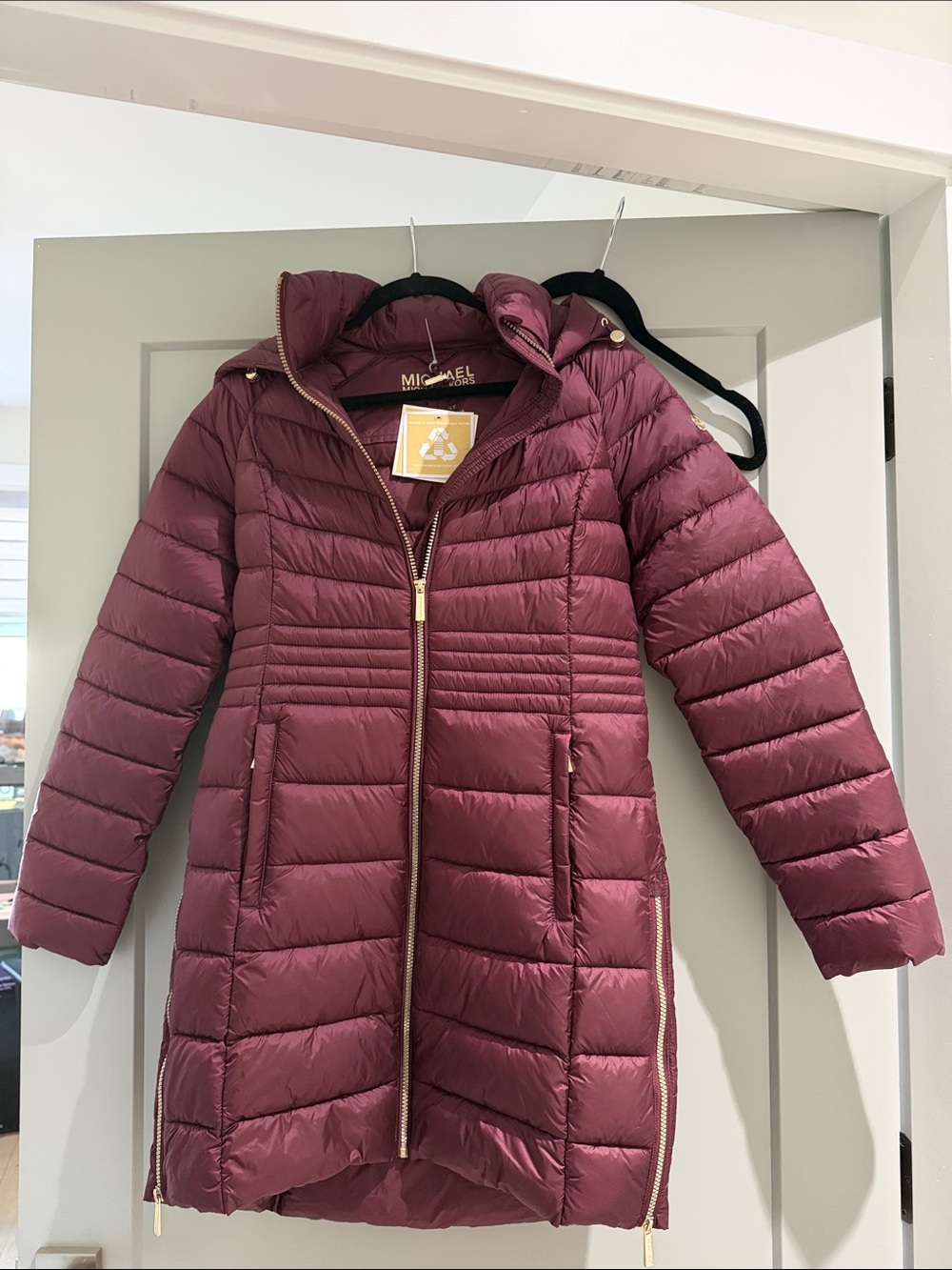 Michael Kors Burgundy Quilted Long Puffer Coat